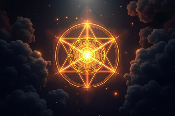 Sacred geometry floating in a cosmic space, flower of life and metatron&rsquo;s cube glowing with golden light, mystical symbols intertwined with soft fractals, spiritual energy radiating outward 