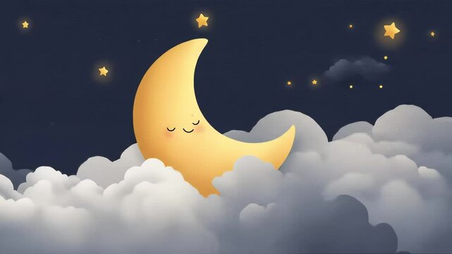 Cute cartoon moon with a smiling face resting among fluffy clouds, surrounded by glowing stars in a peaceful night sky. Ideal for children&rsquo;s decor, bedtime stories, or lullaby themes