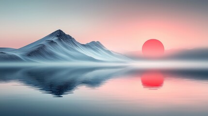 Misty mountain range reflecting in calm water at vibrant sunrise