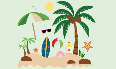 Summer beach sticker set with cute tropical elements.