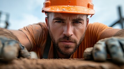 A dedicated construction worker in an orange hard hat intensely focuses on his task, demonstrating the hard work and determination required in construction and manual labor.