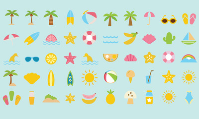 Fototapeta premium Summer beach sticker set with cute tropical elements.
