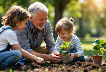 Elderly man with two children planting young saplings outdoors in a sunny park