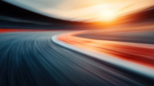 An abstract representation of speed and motion, this racing track scene captured at sunset emphasizes dynamic movement and the thrill of the racing experience.