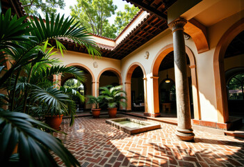 Elegant courtyard with arches, columns, and lush greenery in a sunny outdoor setting