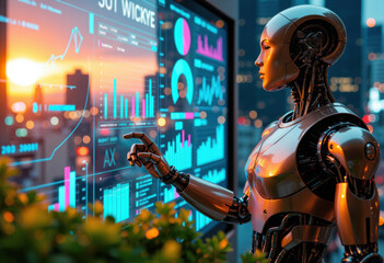 Futuristic robot analyzing data on digital screens in a high-tech environment