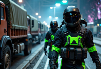 Futuristic soldiers in tactical gear walking through a neon-lit urban environment