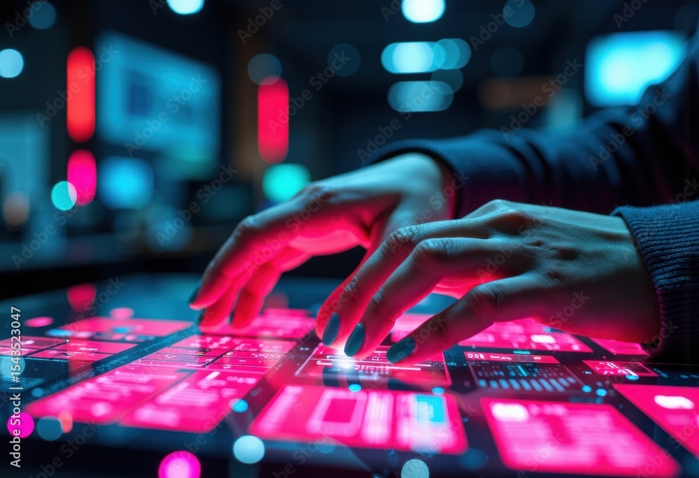 Poster person interacts with a futuristic digital touchscreen interface in a high-tech environment