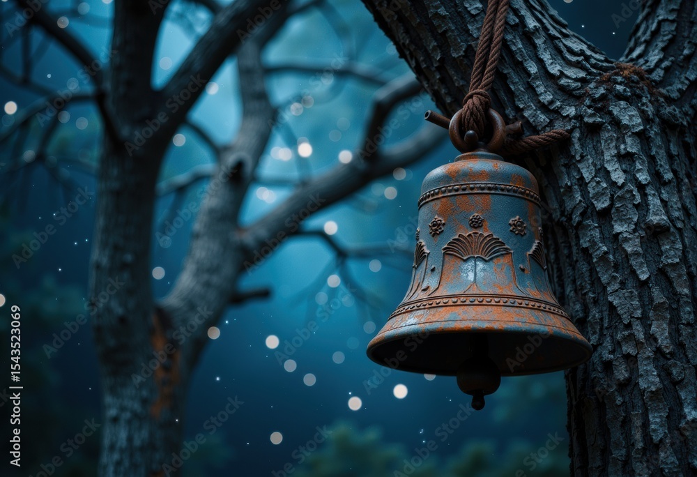 Poster rustic bell hanging from a tree branch in a mystical forest setting