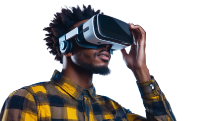 A black man using virtual reality headset, isolated on transparent background.
