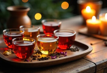 Assorted herbal teas served in glass cups on a rustic wooden tray with candles in the background