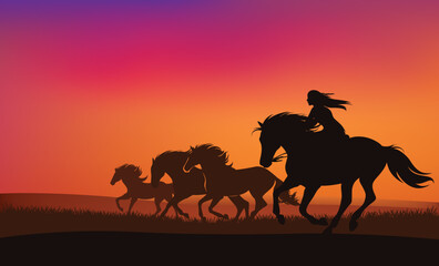 wild west scene with north american native woman chasing herd of running mustang horses - vector dramatic sunset landscape