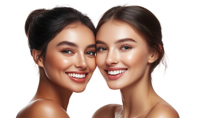 Close-up of two smiling women with different skin tones, cosmetology and beauty concepts, isolated on transparent background.