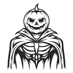 Fototapeta premium Pumpkin Head Skeleton: Black and White Halloween Character Illustration. Carved Pumpkin Face with Spooky Skeleton Body and Cape Graphic Design. 