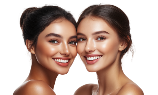Close-up of two smiling women with different skin tones, cosmetology and beauty concepts, isolated on transparent background.