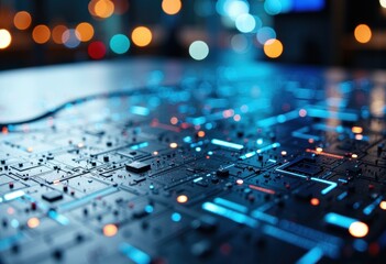 Abstract close-up of a circuit board with glowing blue lights and bokeh