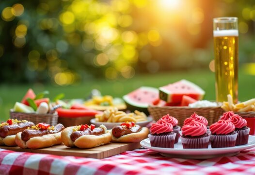 Delicious summer picnic spread with hot dogs, cupcakes, and refreshing drinks - Powered by Adobe