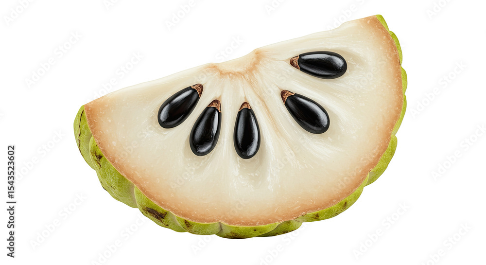Poster a close-up view of a slice of custard apple fruit with black seeds