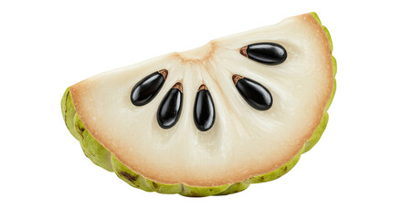 A close-up view of a slice of custard apple fruit with black seeds