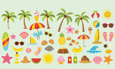 Summer beach sticker set with cute tropical elements.
