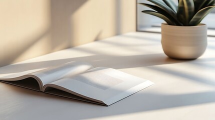 Blank open book resting on a white surface bathed in strong directional window light and shadows.