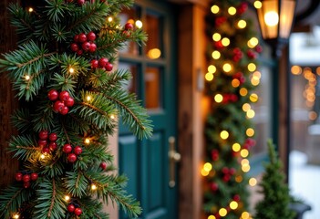 Festively decorated Christmas tree with red berries and warm glowing lights outside a cozy shop