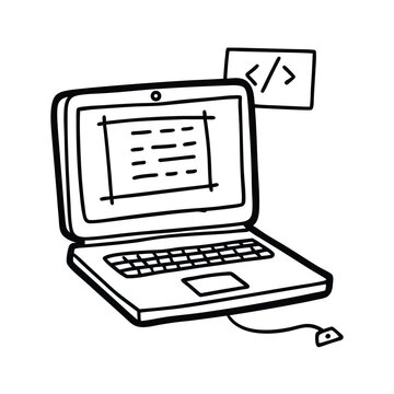 Hand drawn laptop with code elements illustrating programming and web development concepts