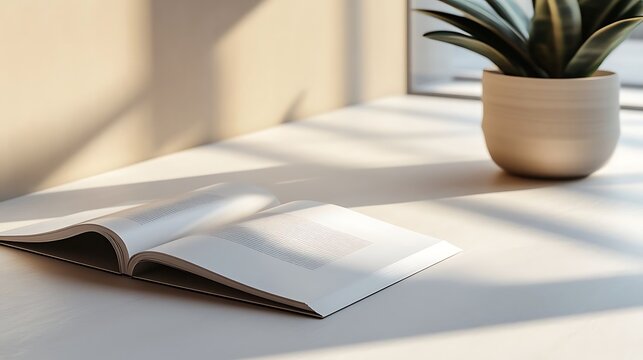 Blank open book resting on a white surface bathed in strong directional window light and shadows.