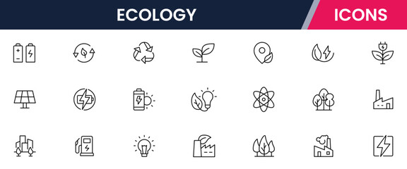 Vector illustration web line icon collection for ecology: nature, sustainability, renewable energy, and green living symbols in a clean, modern, eco-friendly style.