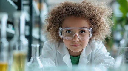 A young girl with curly hair wears protective goggles and a lab coat, focused on her scientific experiments in a vibrant, colorful lab filled with various glassware and learning materials.