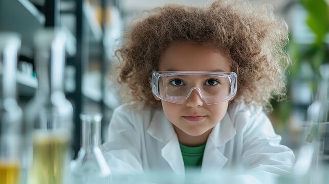 A young girl with curly hair wears protective goggles and a lab coat, focused on her scientific experiments in a vibrant, colorful lab filled with various glassware and learning materials.