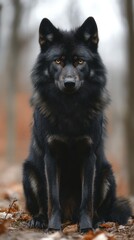 Naklejka premium Black wolf, intense gaze, forest setting