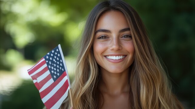 A young woman with a radiant smile joyfully holding an American flag, celebrating a moment of pride and patriotism against a vibrant, sunlit outdoor background. - Powered by Adobe
