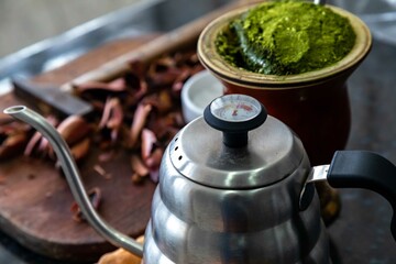 Brazilian winter tradition, yerba mate chimarrão with roasted pine nuts and bergamot