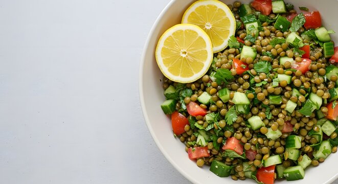 Top view of Azifa (green lentil salad), bowl positioned at upper right third, garnished with fresh lemon wedges