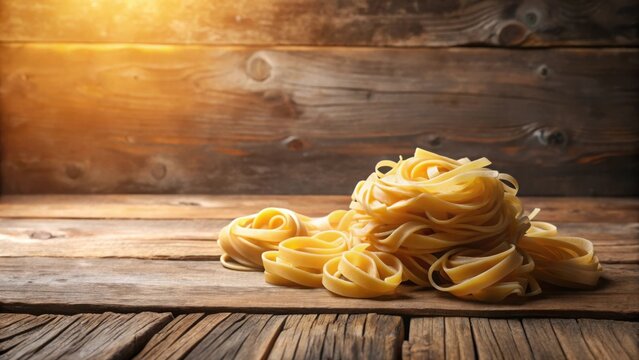 A delectable pile of uncooked pasta rests on a rustic wooden surface, bathed in warm, inviting light