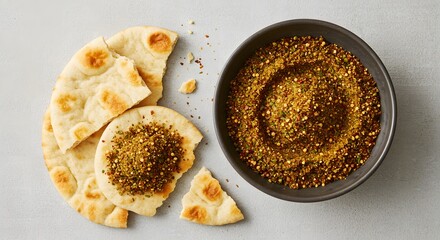 Top view of Duqqa (spiced dipping powder) with flatbread pieces, bowl placed at right third, clean neutral setup