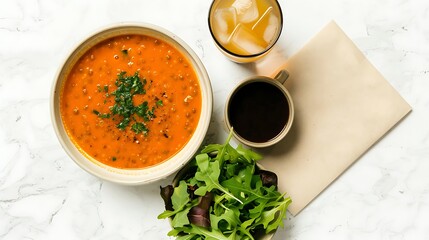 Red lentil soup with salad and beverages