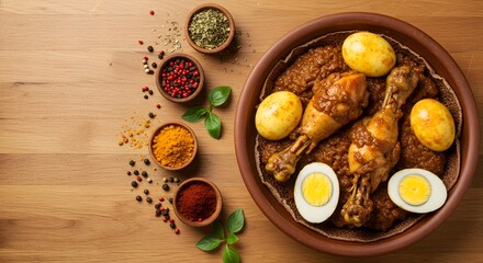 Flat lay of Doro Wat (spicy chicken stew with boiled eggs), bowl placed at lower right third, rustic wooden table setting