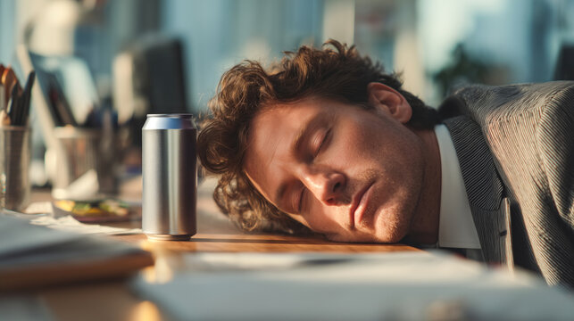 Exhausted businessman sleeping on desk next to energy drink can in modern office. Can mockup, workplace fatigue, burnout, and caffeine dependence