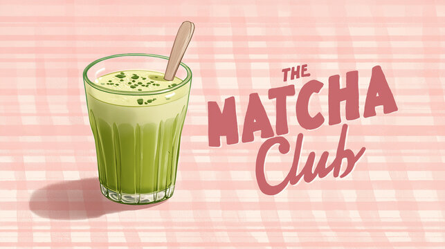 "The MATCHA Club" is hand-lettered above a cartoon illustration of a glass filled with matcha, set on a pink and white checkered surface, in a simple and retro-inspired style.

