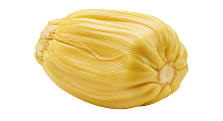 A close-up studio shot of a ripe, vibrant yellow jackfruit against a black backdrop