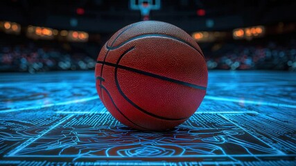 Basketball on a glowing court with data overlay - Powered by Adobe