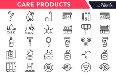 Care Products linear icon set. Personal care products, dermatology, collagen, cream, sunscreen, hair care, lip, cosmetic, product, facial, salon, clean outline vector icon set. UI thin line icon pack.