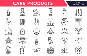 Care Products linear icon set. Personal care products, dermatology, collagen, cream, sunscreen, hair care, lip, cosmetic, product, facial, salon, clean outline vector icon set. UI thin line icon pack.