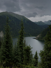Dramatic landscape of middle Kolsay lake in Almaty, Kazakhstan