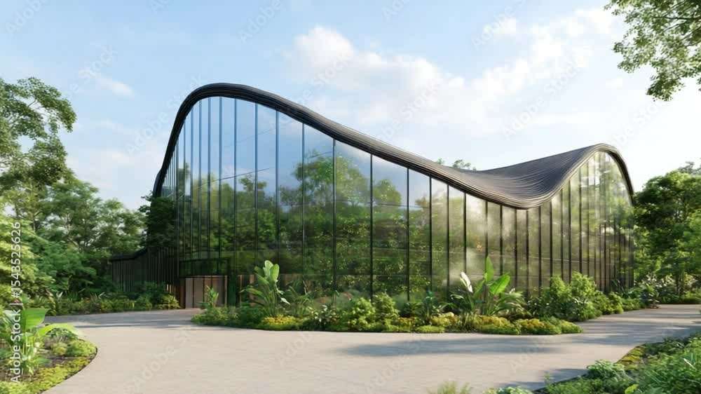 Poster modern architectural marvel amidst nature: this image captures a sleek, modern building with curved 