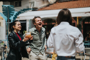 Friends sharing moments outdoors in a lively setting, expressing fun, happiness, and camaraderie....