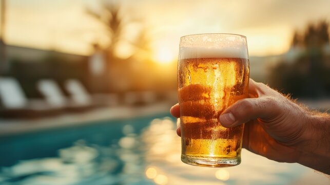 A refreshing glass of beer is held up against a vibrant sunset, capturing the essence of relaxation and enjoyment at the poolside on a warm evening.