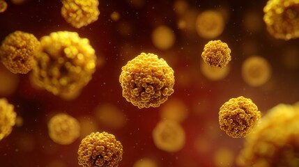 World Hepatitis Day, illustration. Microscopic view of hepatitis virus particles, scientific accuracy, vibrant yellow-golden coloring, floating in blood plasma